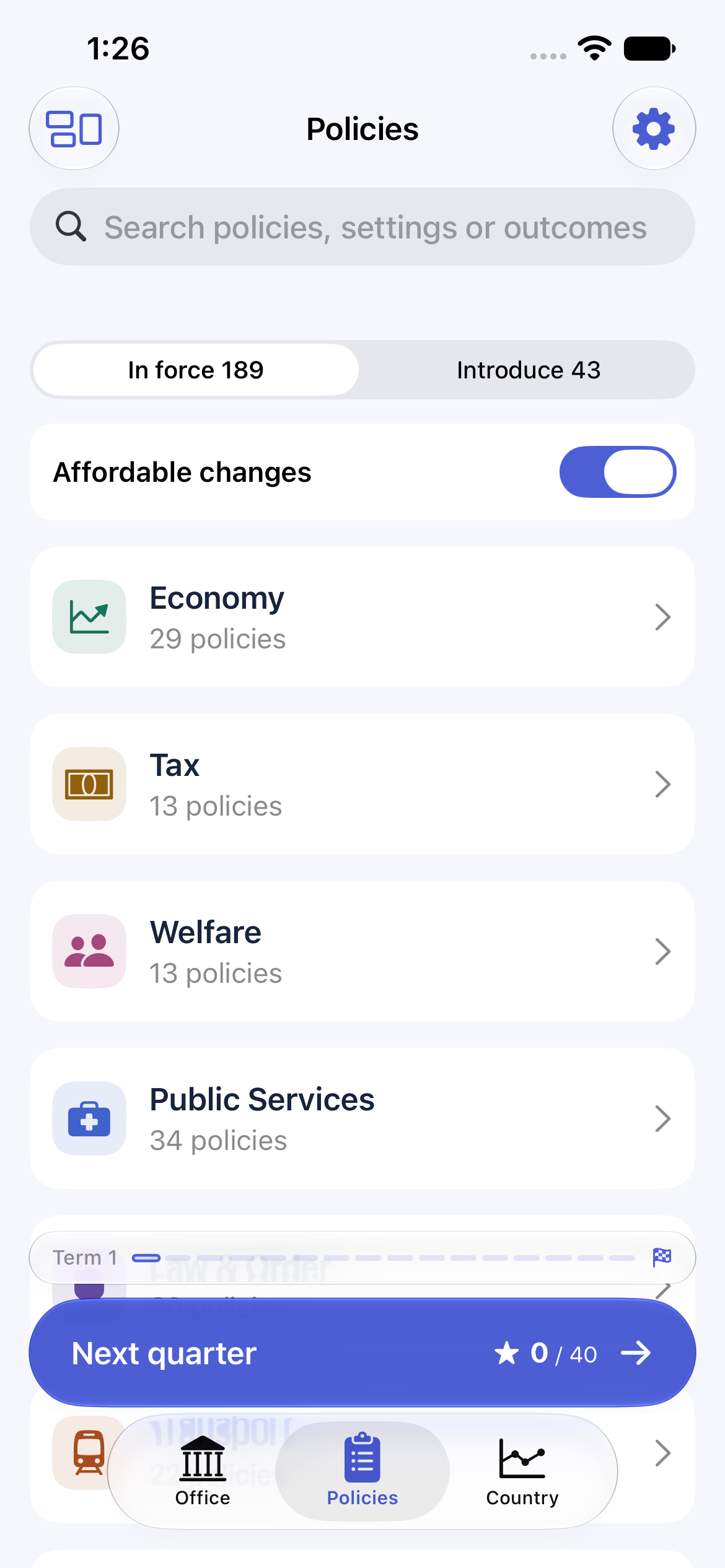 Republic's Policies screen with government departments and policy choices